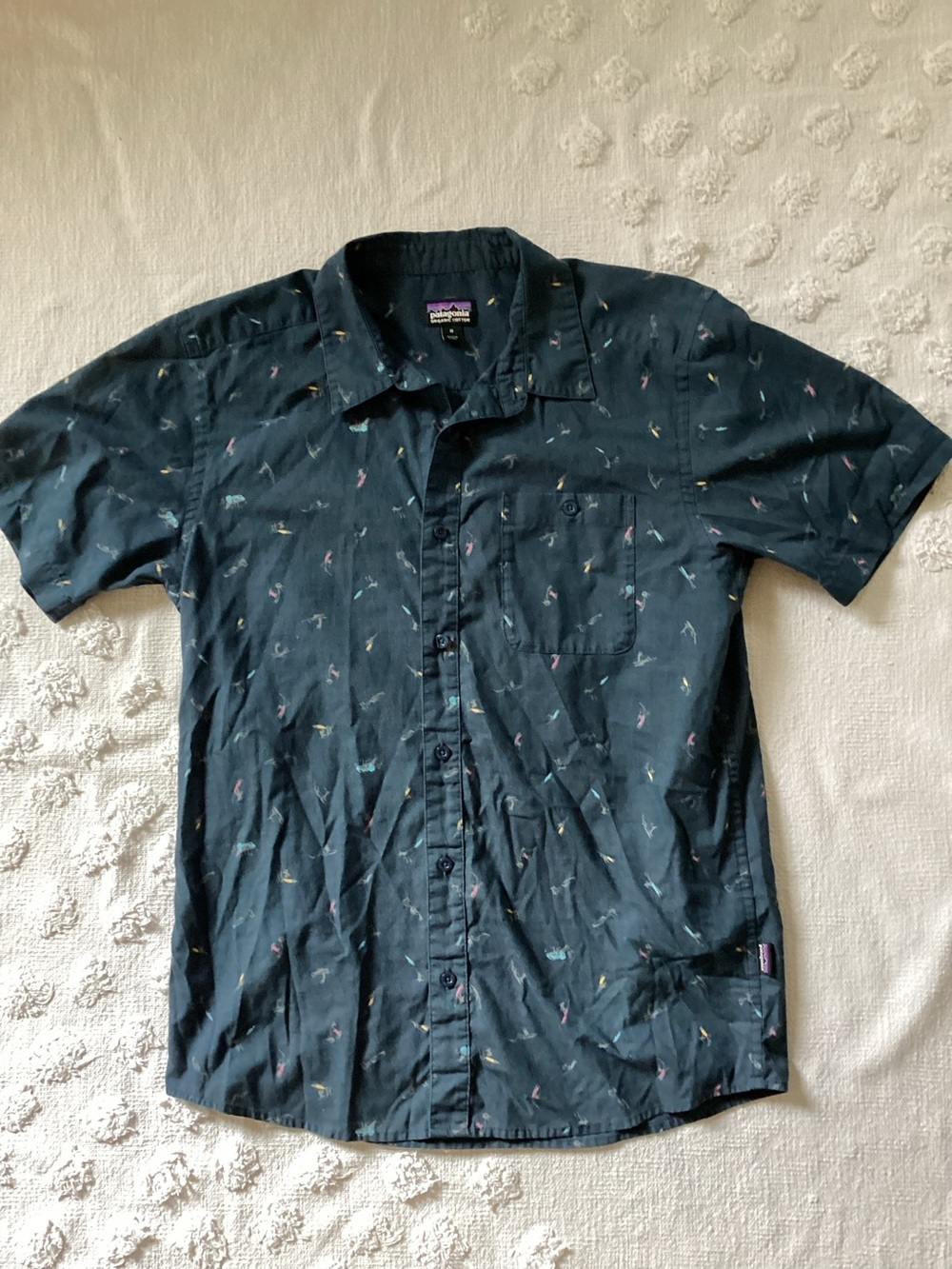 Patagonia Mens Organic Cotton River Symbols Short Sleeve Shirt Blue Hike Climb M